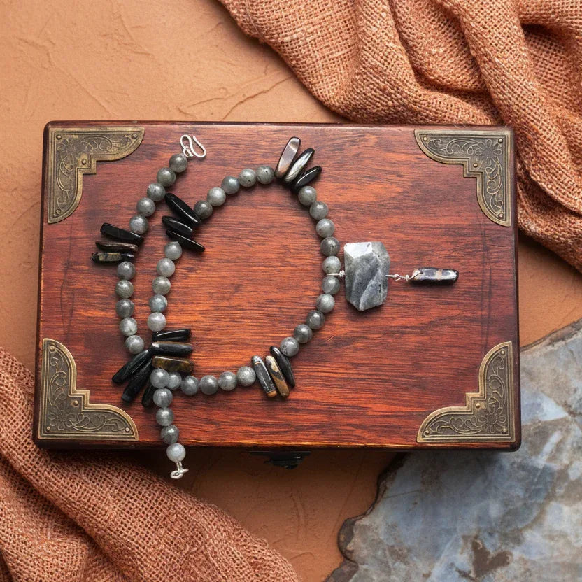 Moonstone and Blue Tiger Eye Beaded Necklace with Labradorite Pendant - Silver Chamber Jewellery Store