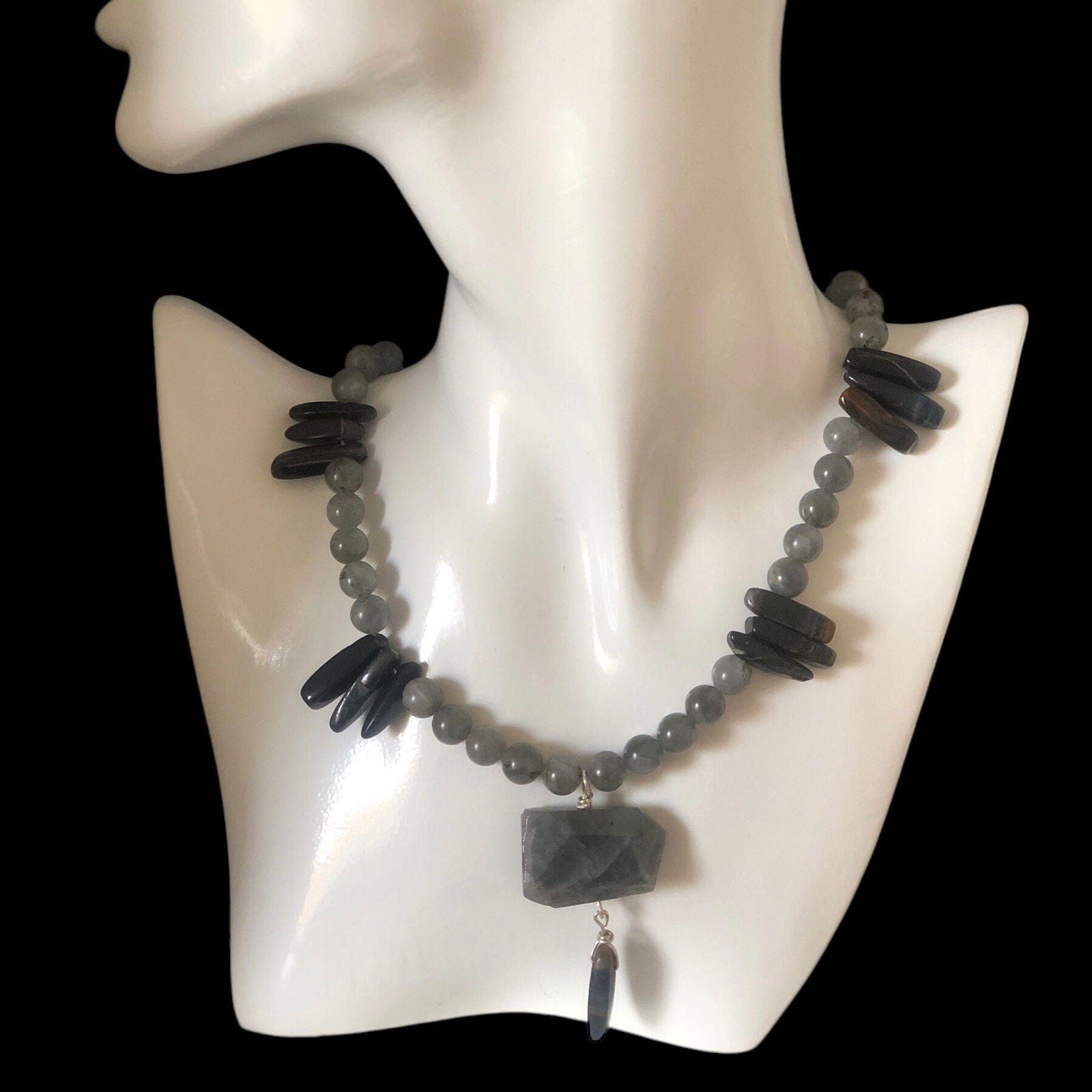 Moonstone and Blue Tiger Eye Beaded Necklace with Labradorite Pendant Silver Chamber Jewellery Store