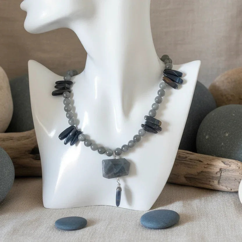Moonstone and Blue Tiger Eye Beaded Necklace with Labradorite Pendant - Silver Chamber Jewellery Store