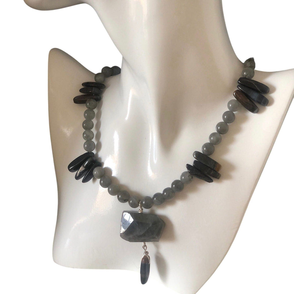 Moonstone and Blue Tiger Eye Beaded Necklace with Labradorite Pendant Silver Chamber Jewellery Store