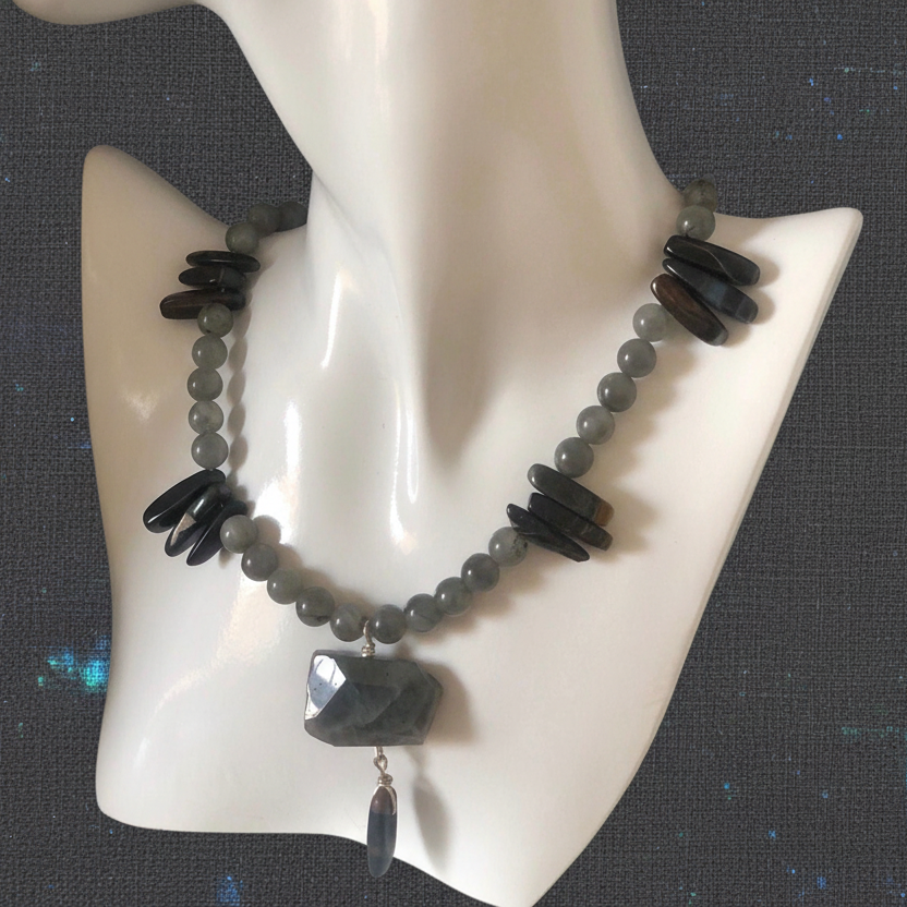 Moonstone and Blue Tiger Eye Beaded Necklace with Labradorite Pendant Silver Chamber Jewellery Store