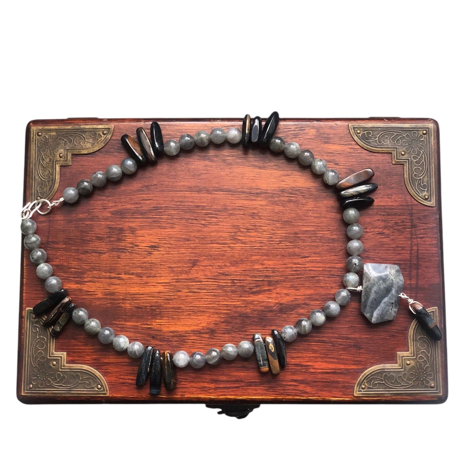 Moonstone and Blue Tiger Eye Beaded Necklace with Labradorite Pendant Silver Chamber Jewellery Store