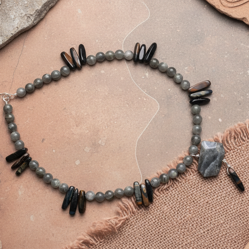 Moonstone and Blue Tiger Eye Beaded Necklace with Labradorite Pendant Silver Chamber Jewellery Store