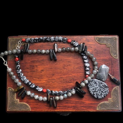 Moonstone and Blue Tiger Eye Beaded Necklace with Labradorite Pendant Silver Chamber Jewellery Store
