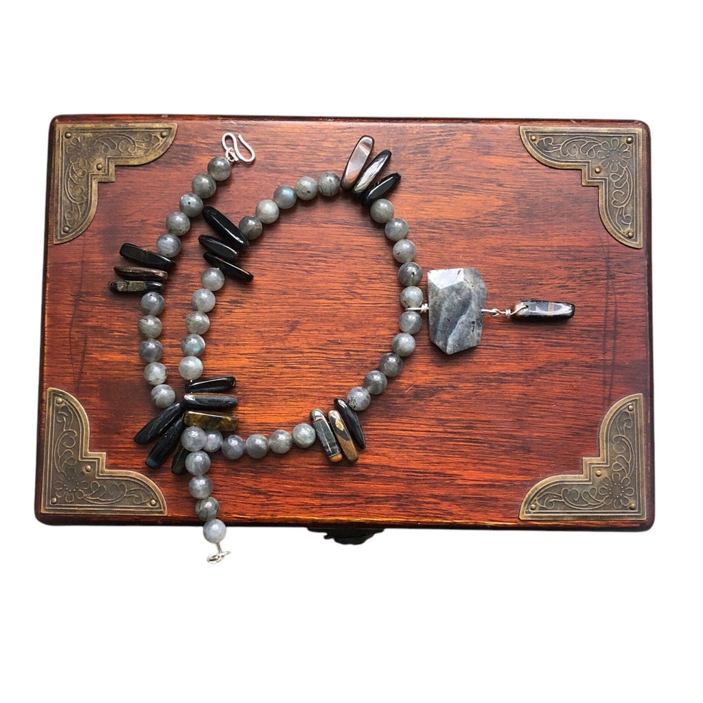 Moonstone and Blue Tiger Eye Beaded Necklace with Labradorite Pendant Silver Chamber Jewellery Store