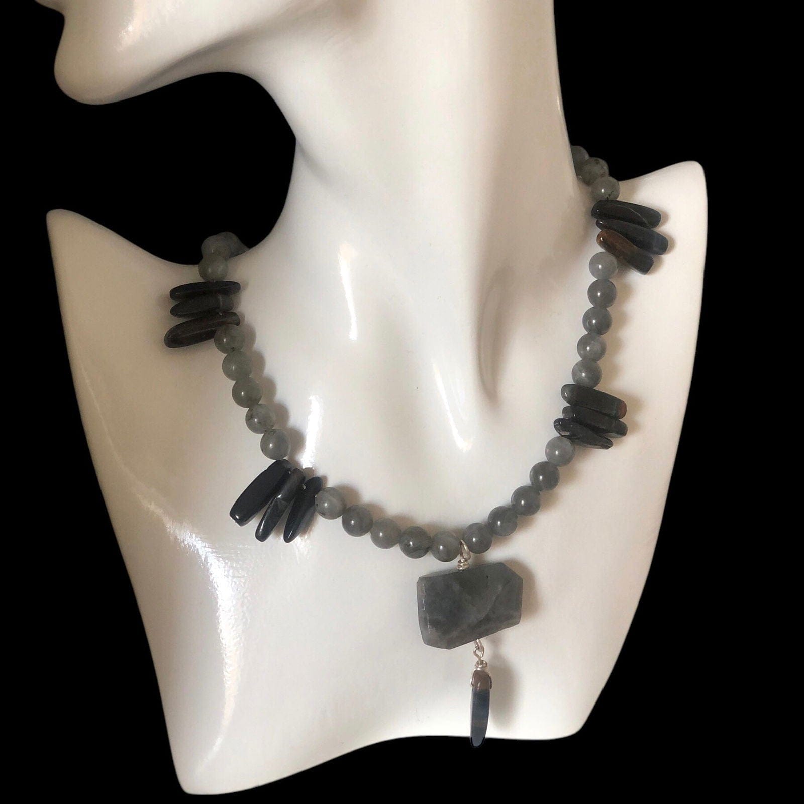 Moonstone and Blue Tiger Eye Beaded Necklace with Labradorite Pendant Silver Chamber Jewellery Store