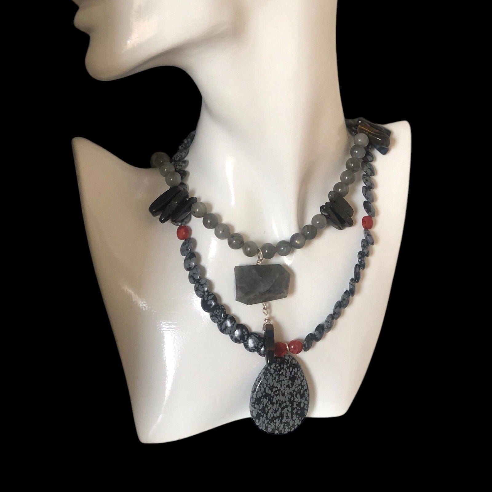 Moonstone and Blue Tiger Eye Beaded Necklace with Labradorite Pendant Silver Chamber Jewellery Store