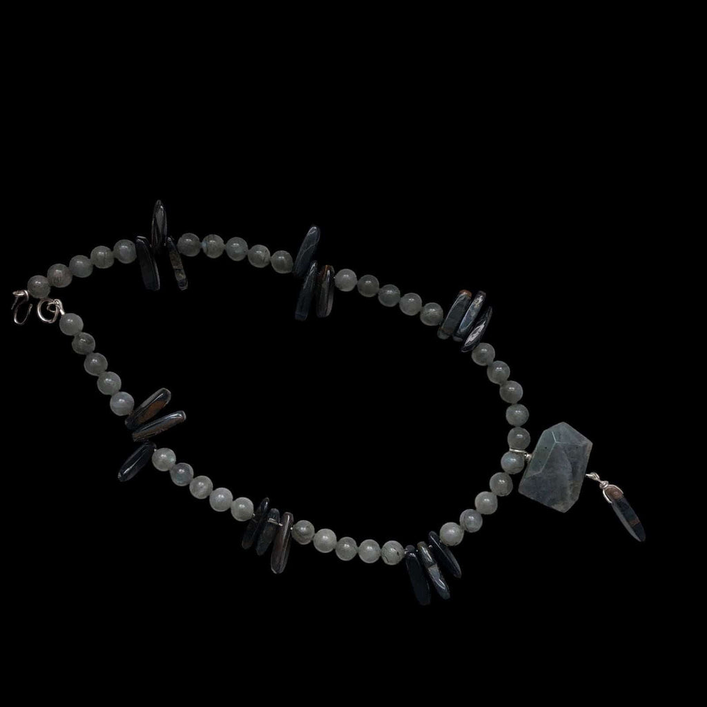 Moonstone and Blue Tiger Eye Beaded Necklace with Labradorite Pendant Silver Chamber Jewellery Store