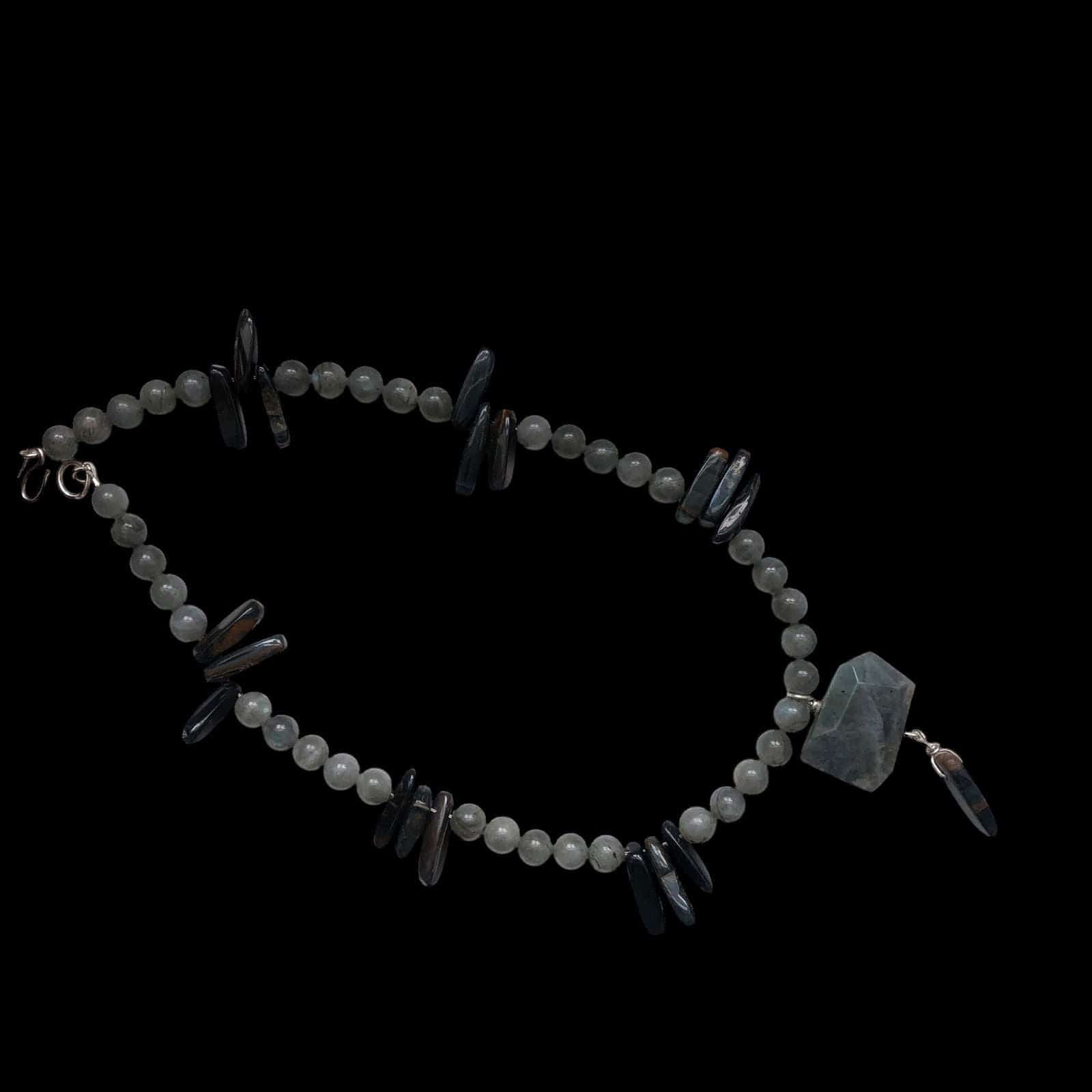 Moonstone and Blue Tiger Eye Beaded Necklace with Labradorite Pendant Silver Chamber Jewellery Store