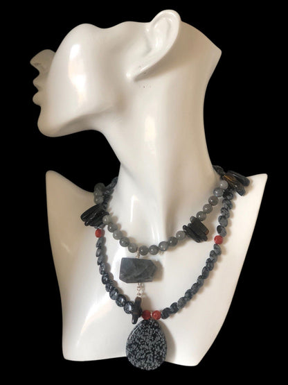Moonstone and Blue Tiger Eye Beaded Necklace with Labradorite Pendant Silver Chamber Jewellery Store