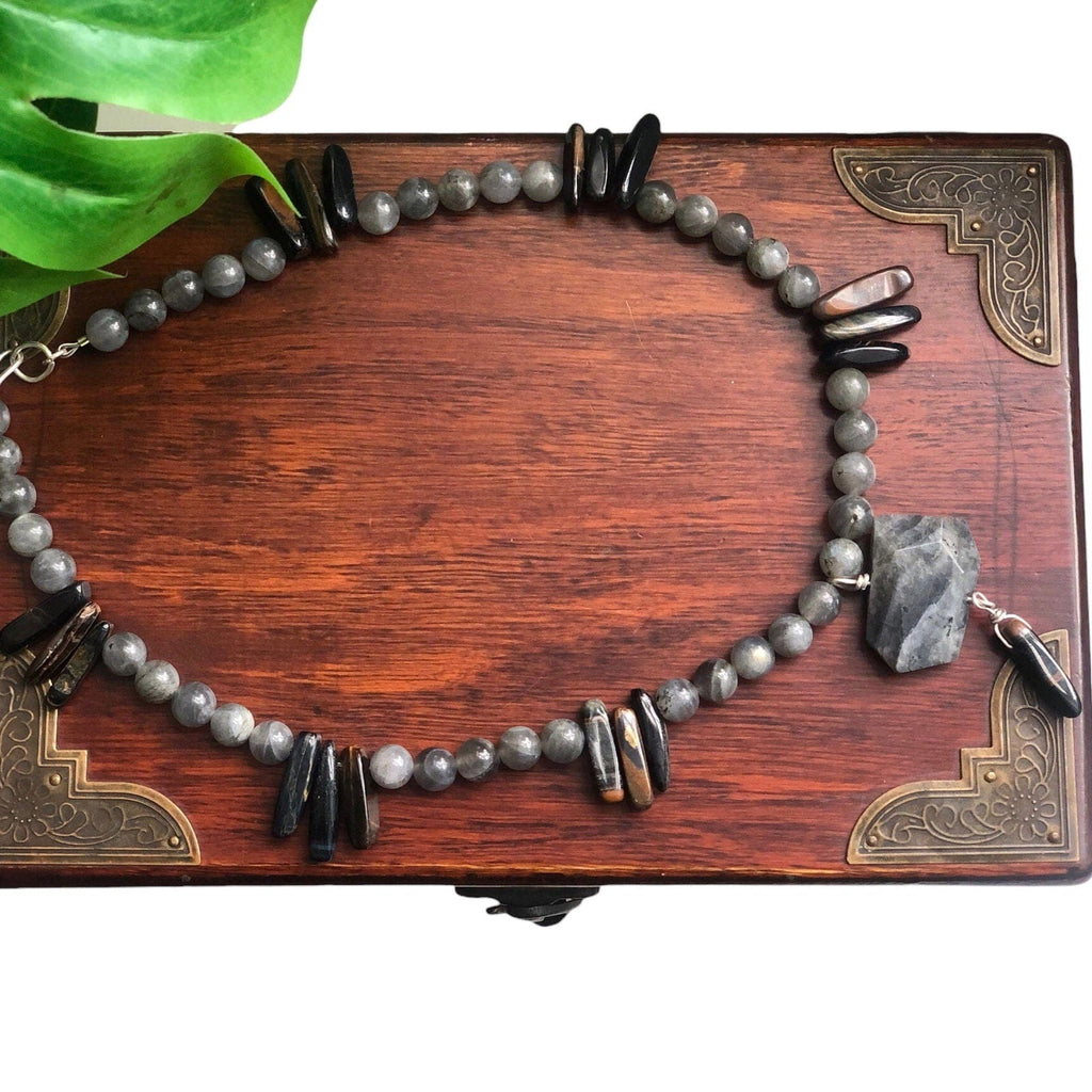 Moonstone and Blue Tiger Eye Beaded Necklace with Labradorite Pendant Silver Chamber Jewellery Store