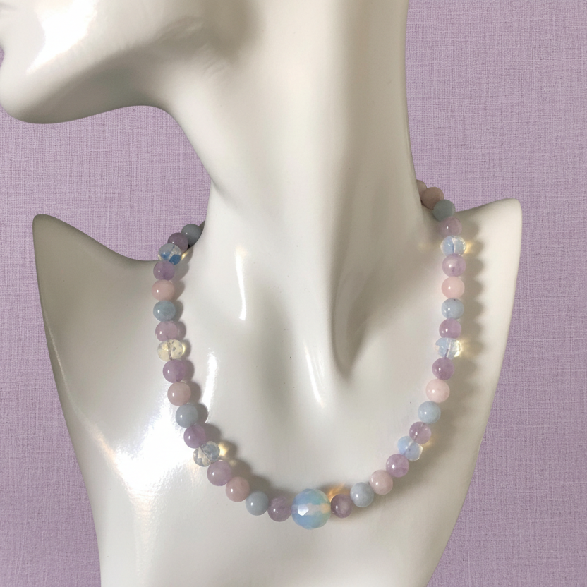 Morganite and Opalite Beaded Choker Necklace - Silver Chamber Jewellery Store