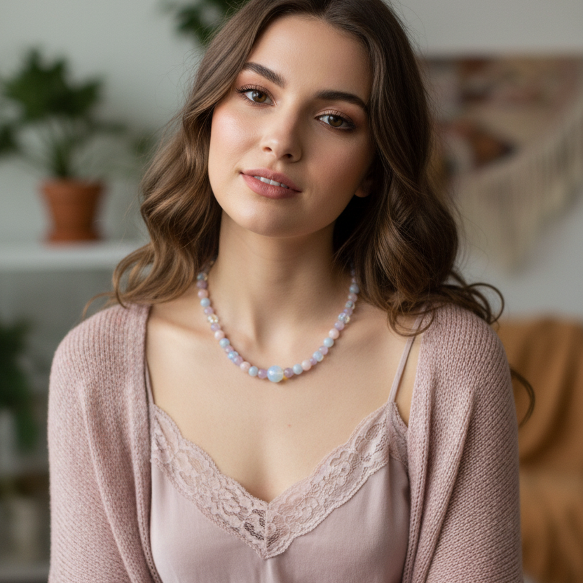 Morganite and Opalite Beaded Choker Necklace - Silver Chamber Jewellery Store