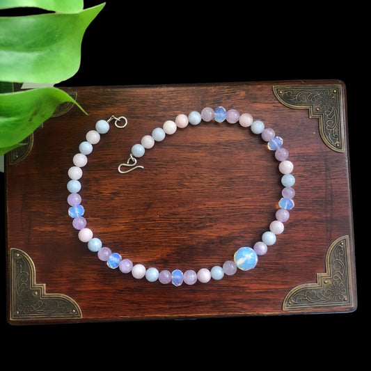 Morganite and Opalite Beaded Choker Necklace Silver Chamber Jewellery Store