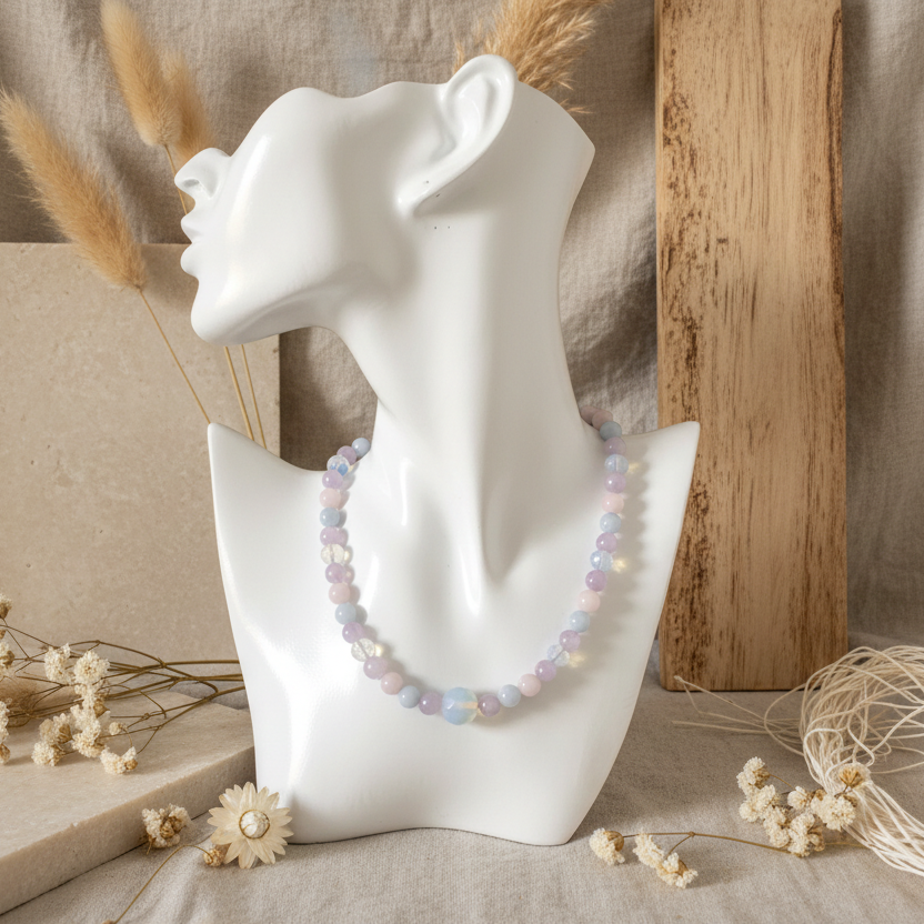 Morganite and Opalite Beaded Choker Necklace - Silver Chamber Jewellery Store