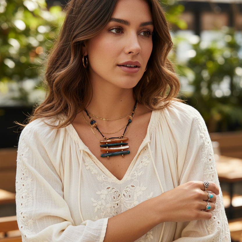 Mother of Pearl and Crystals Beaded Necklace