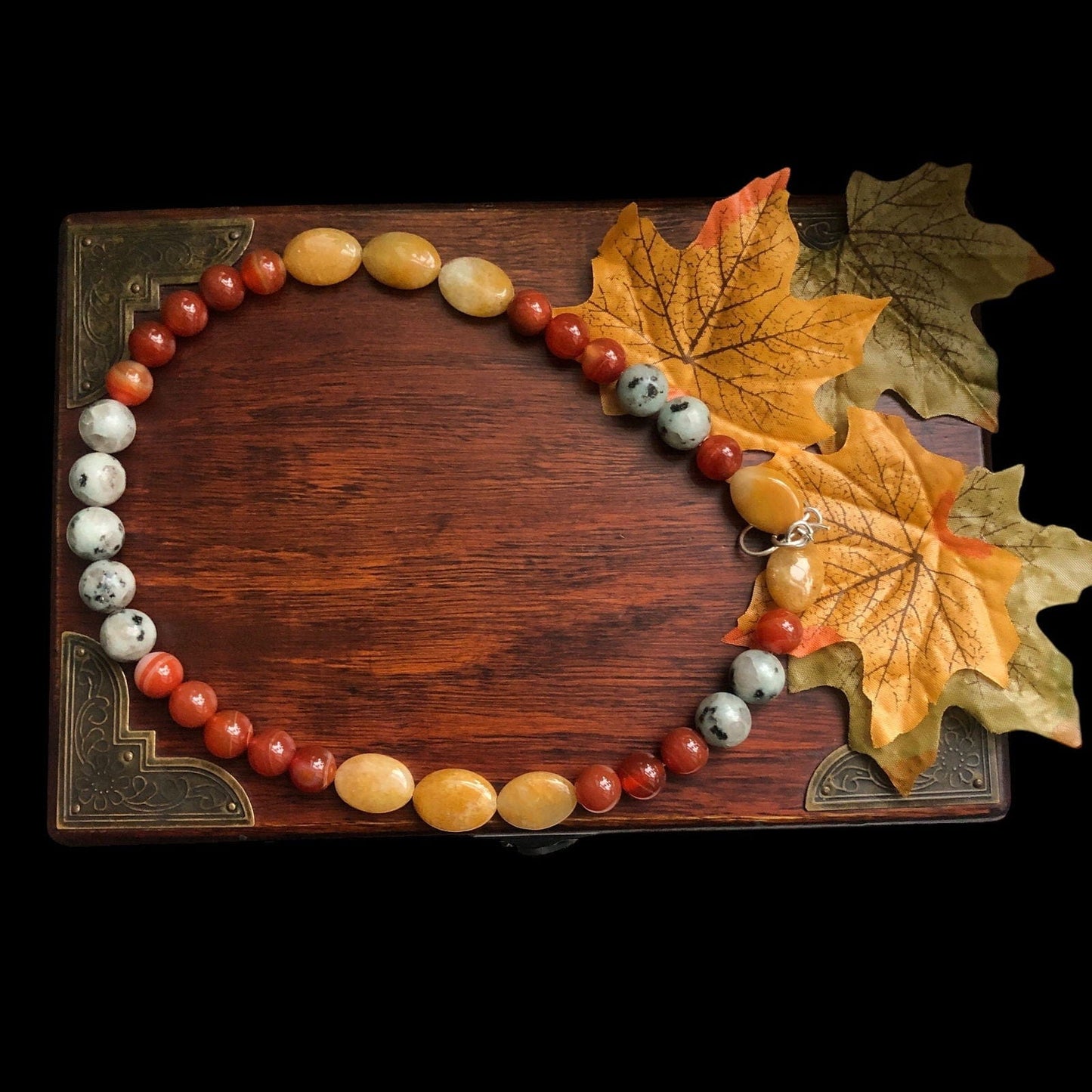 Natural Orange Calcite, Kiwi Jasper and Red Carnelian Beaded Necklace Silver Chamber Jewellery Store