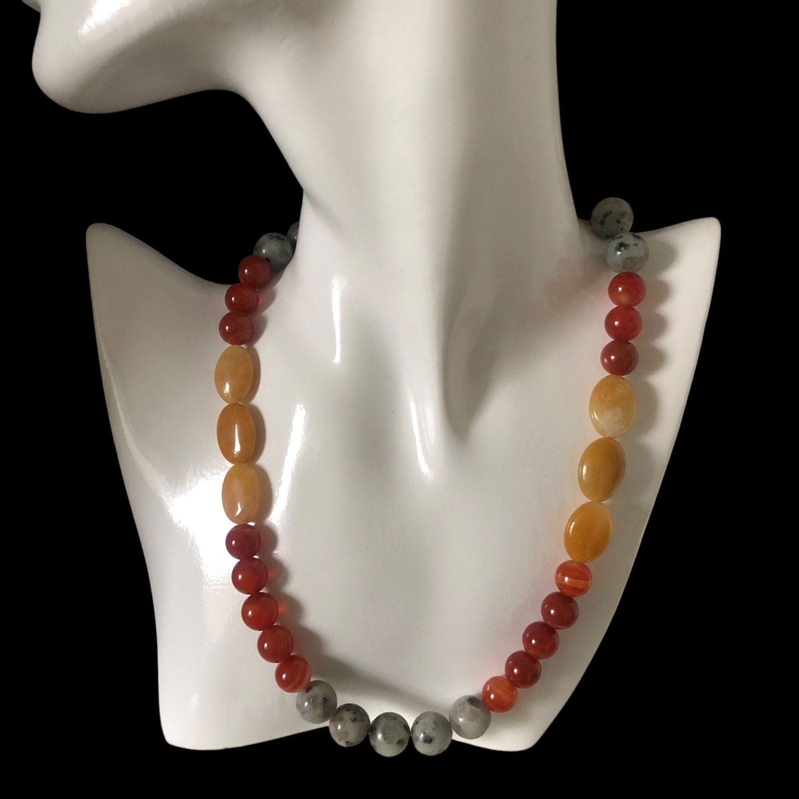 Natural Orange Calcite, Kiwi Jasper and Red Carnelian Beaded Necklace Silver Chamber Jewellery Store