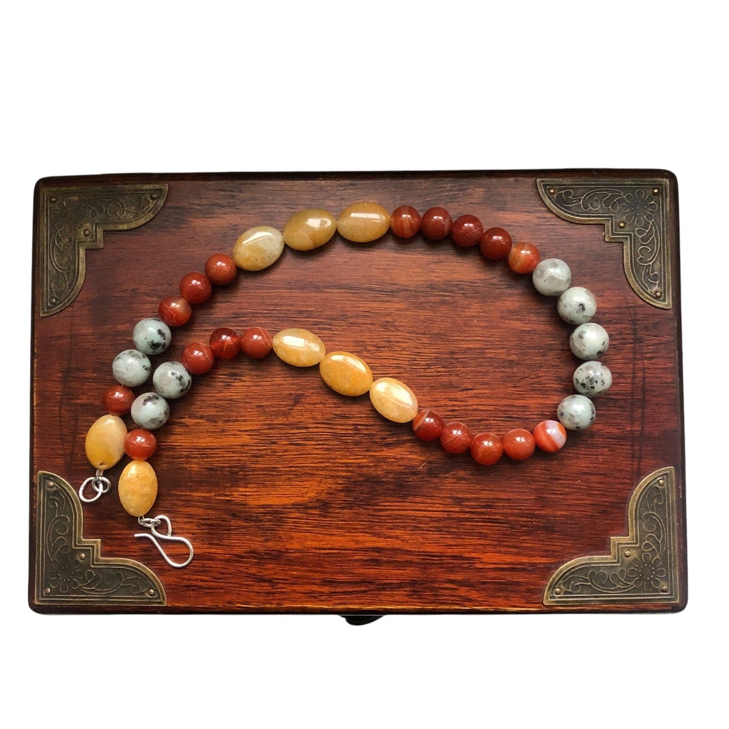 Natural Orange Calcite, Kiwi Jasper and Red Carnelian Beaded Necklace Silver Chamber Jewellery Store