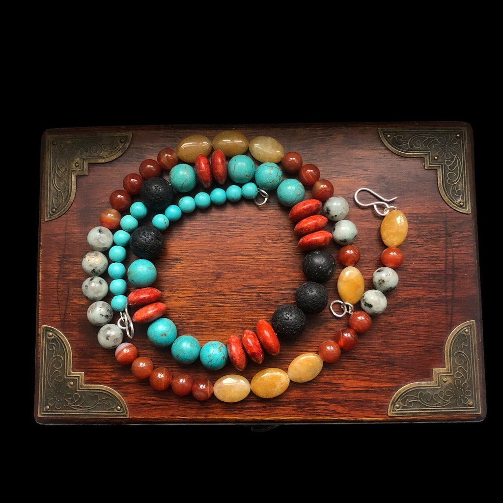 Natural Orange Calcite, Kiwi Jasper and Red Carnelian Beaded Necklace Silver Chamber Jewellery Store