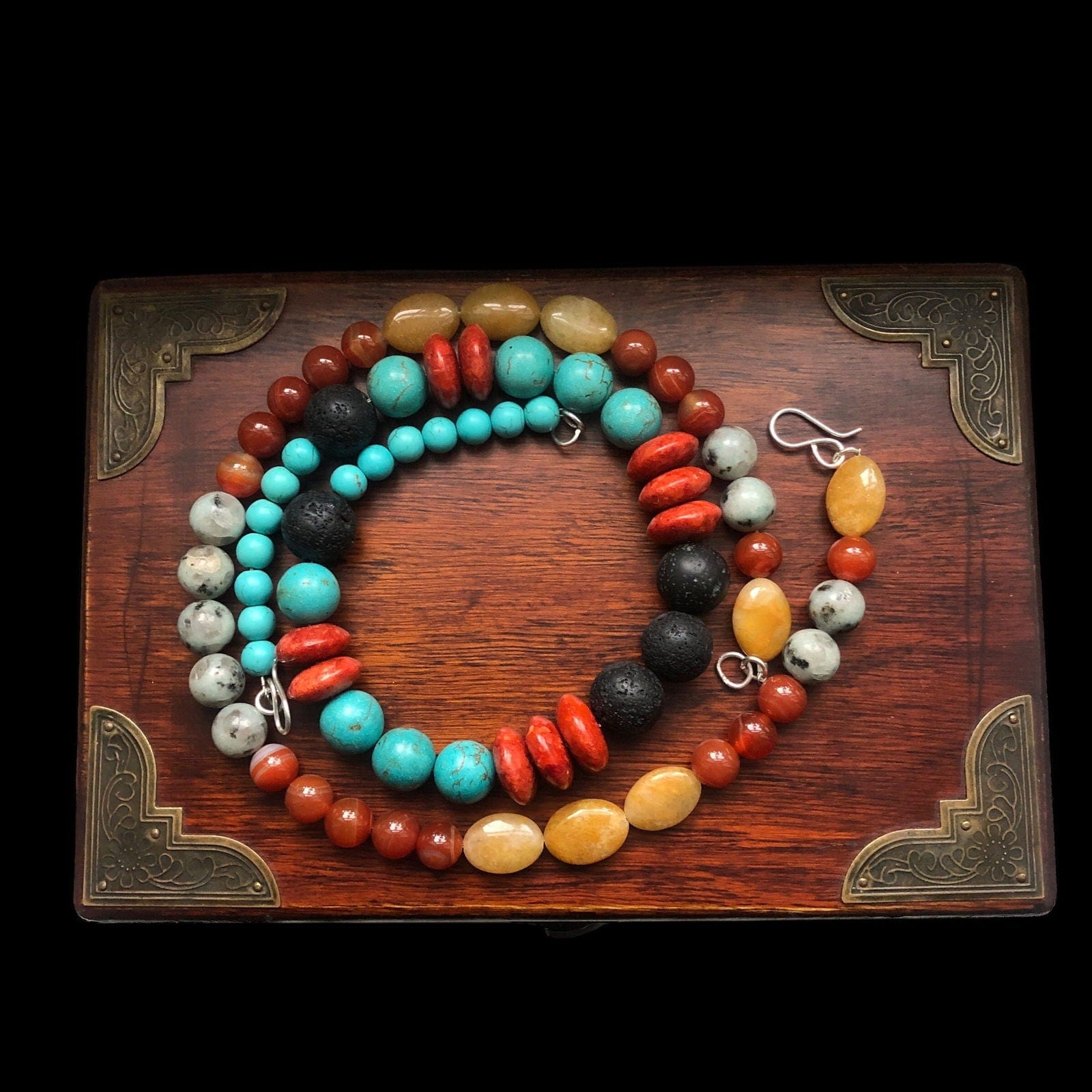 Natural Orange Calcite, Kiwi Jasper and Red Carnelian Beaded Necklace Silver Chamber Jewellery Store