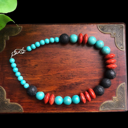 Natural Turquoise, Red Coral and Lava Beaded Necklace Silver Chamber Jewellery Store