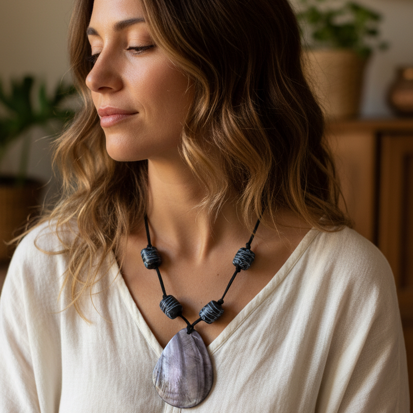 Statement Mother of Pearl Drop Pendant with Gotland Glass Beads