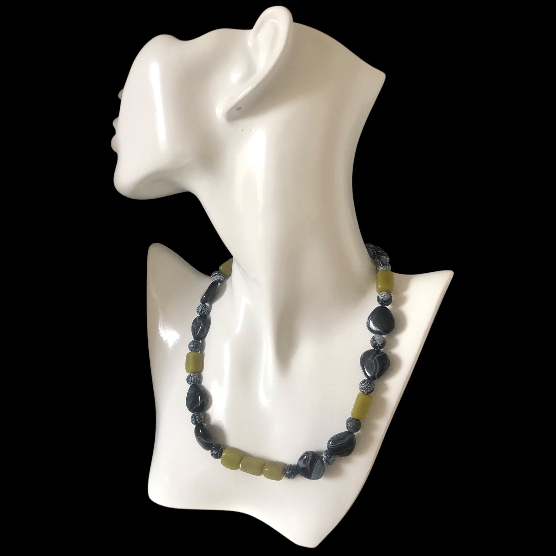 Olive Jade, Black Striped and Frost Cracked Agates Beaded Necklace Silver Chamber Jewellery Store