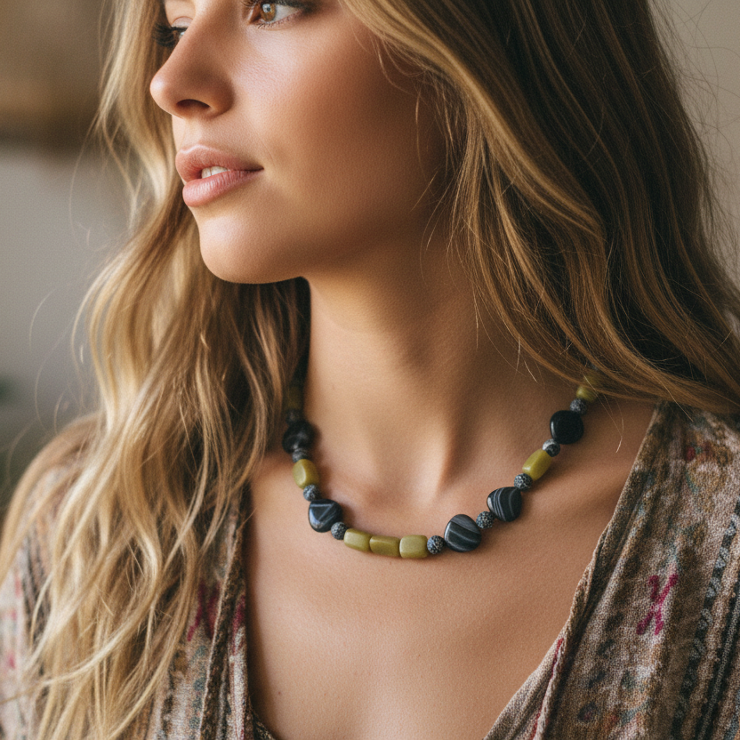 Olive Jade, Black Striped and Frost Cracked Agates Beaded Necklace - Silver Chamber Jewellery Store