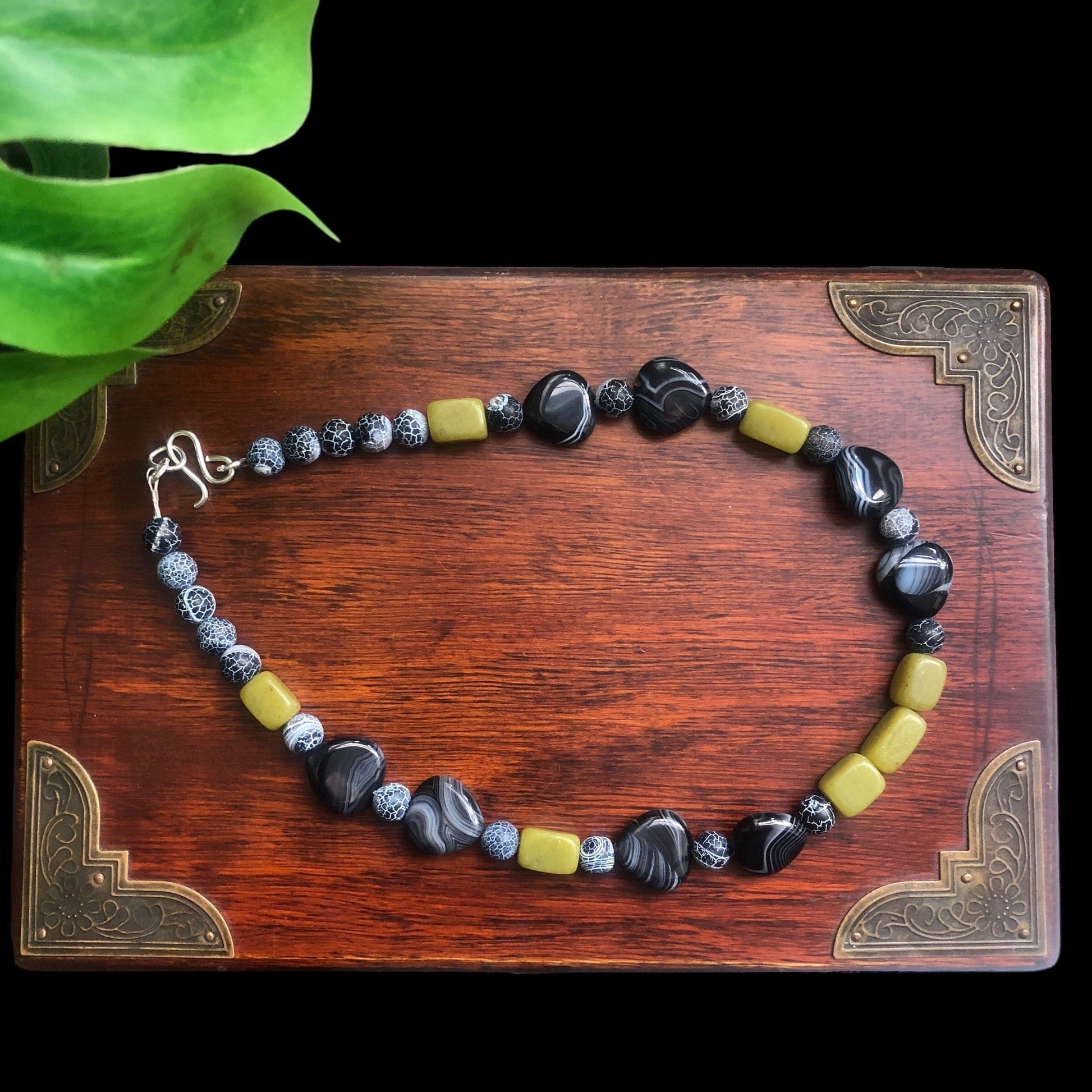 Olive Jade, Black Striped and Frost Cracked Agates Beaded Necklace Silver Chamber Jewellery Store