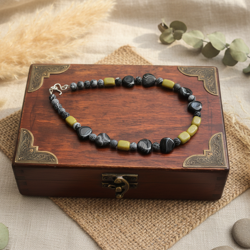 Olive Jade, Black Striped and Frost Cracked Agates Beaded Necklace - Silver Chamber Jewellery Store