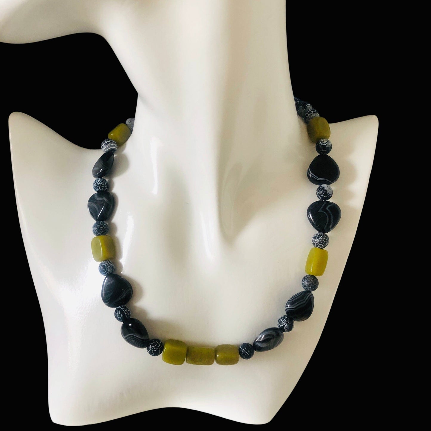 Olive Jade, Black Striped and Frost Cracked Agates Beaded Necklace Silver Chamber Jewellery Store