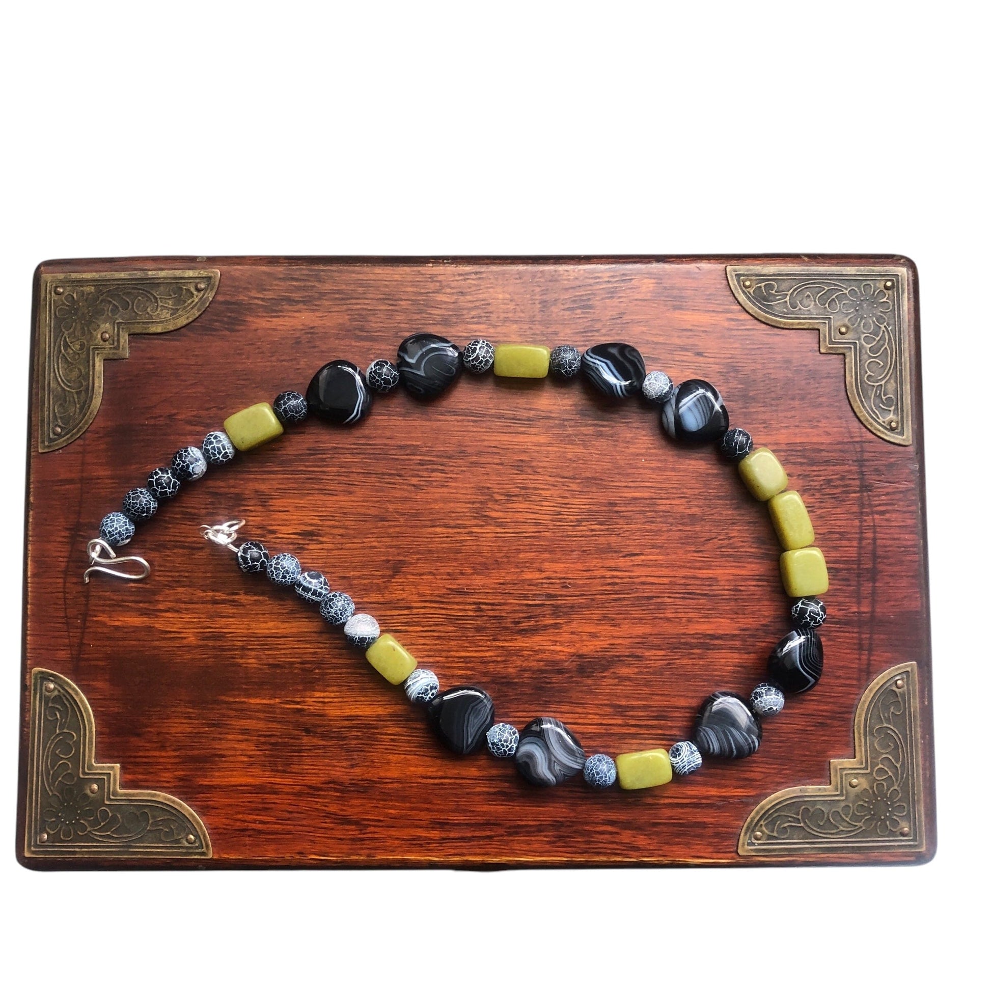 Olive Jade, Black Striped and Frost Cracked Agates Beaded Necklace Silver Chamber Jewellery Store