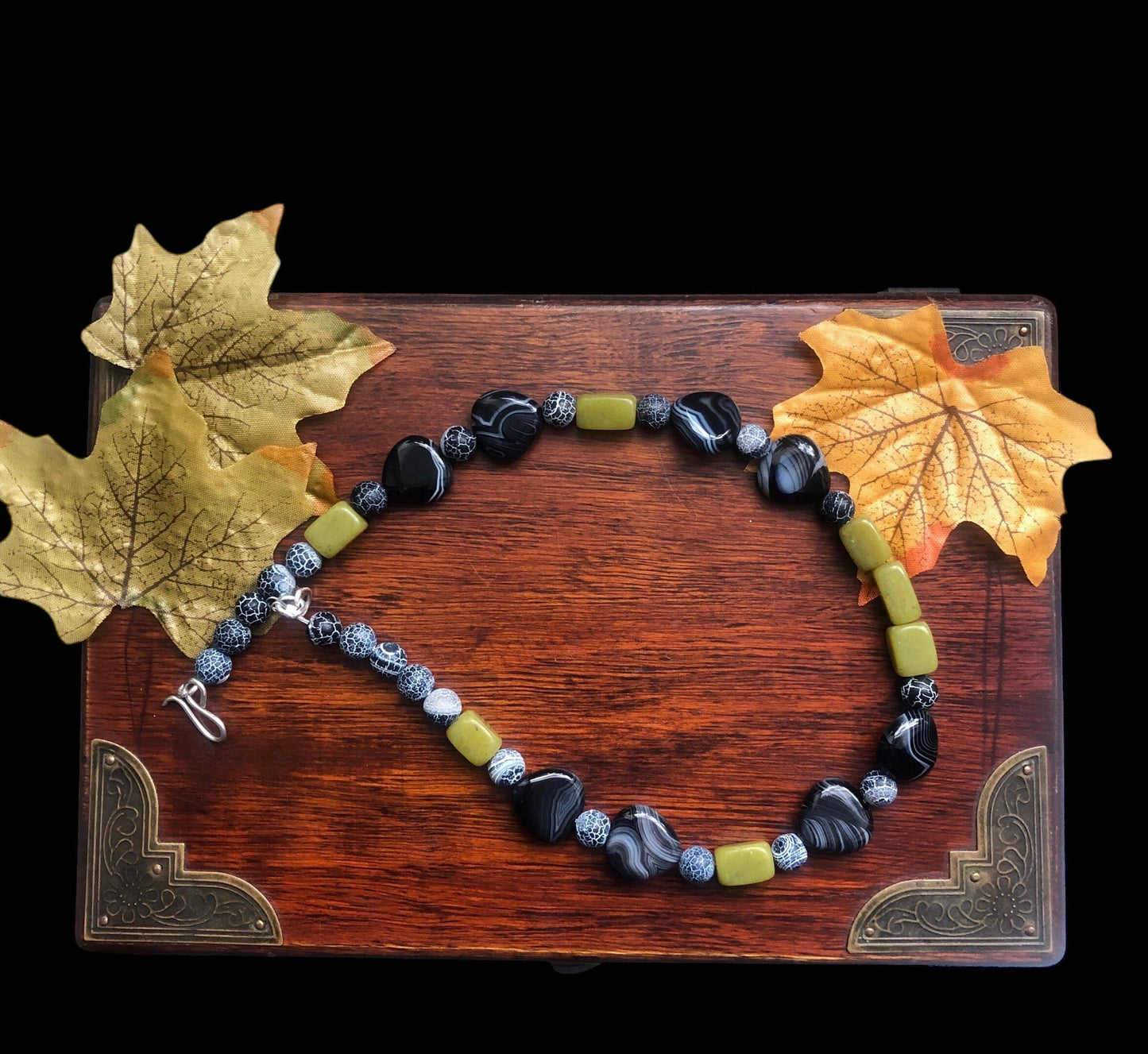 Olive Jade, Black Striped and Frost Cracked Agates Beaded Necklace Silver Chamber Jewellery Store