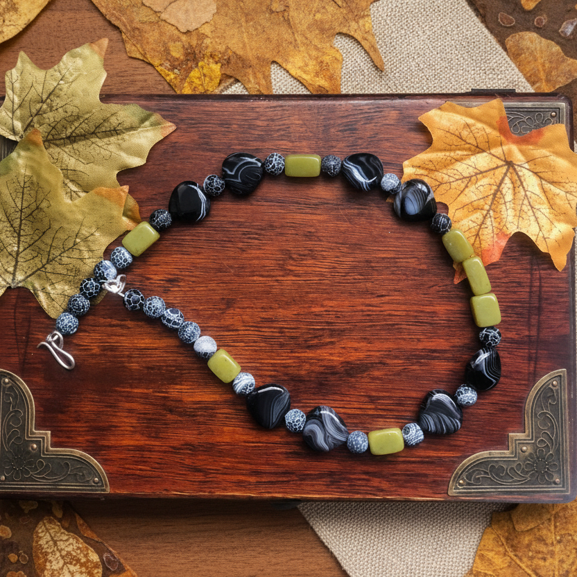 Olive Jade, Black Striped and Frost Cracked Agates Beaded Necklace - Silver Chamber Jewellery Store