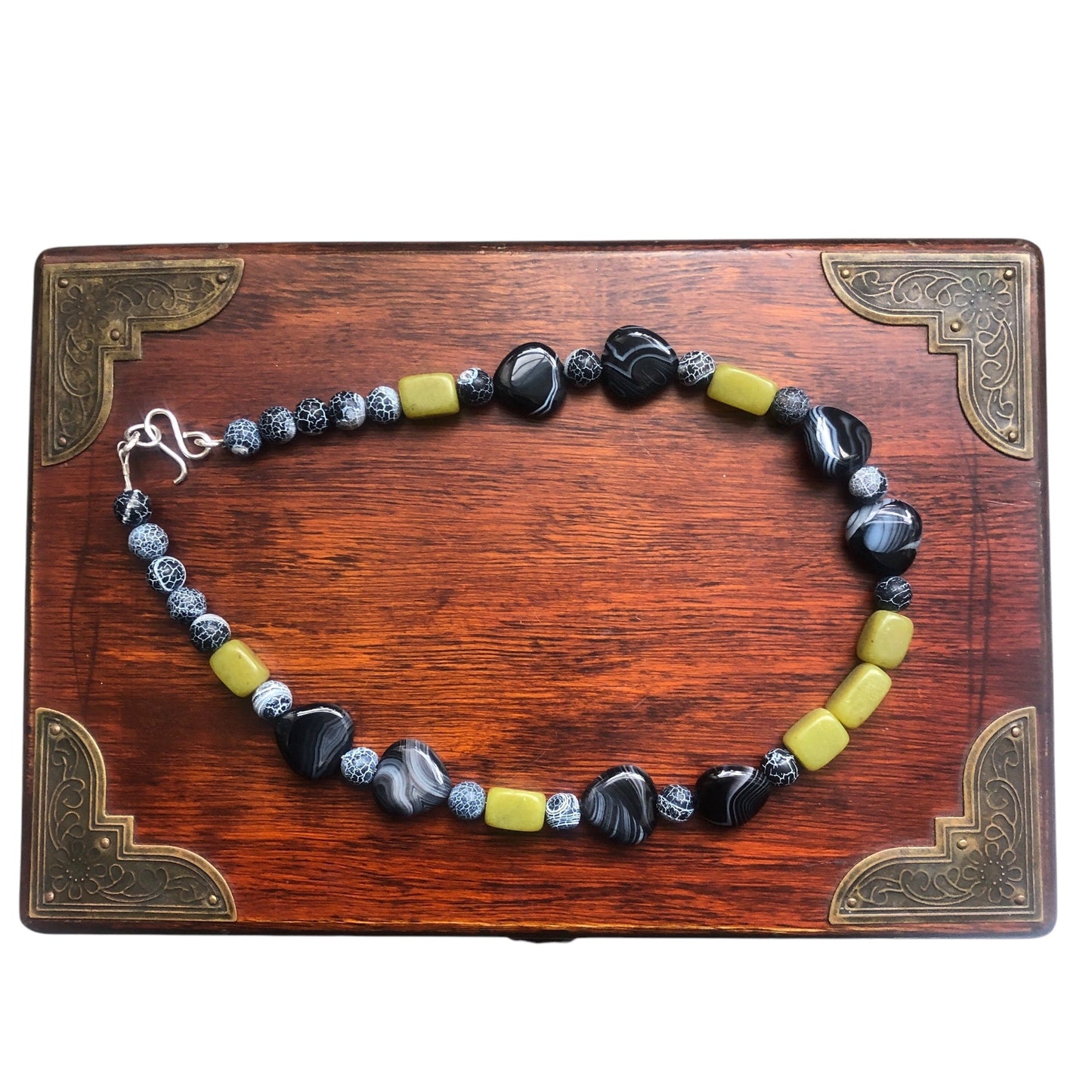 Olive Jade, Black Striped and Frost Cracked Agates Beaded Necklace Silver Chamber Jewellery Store