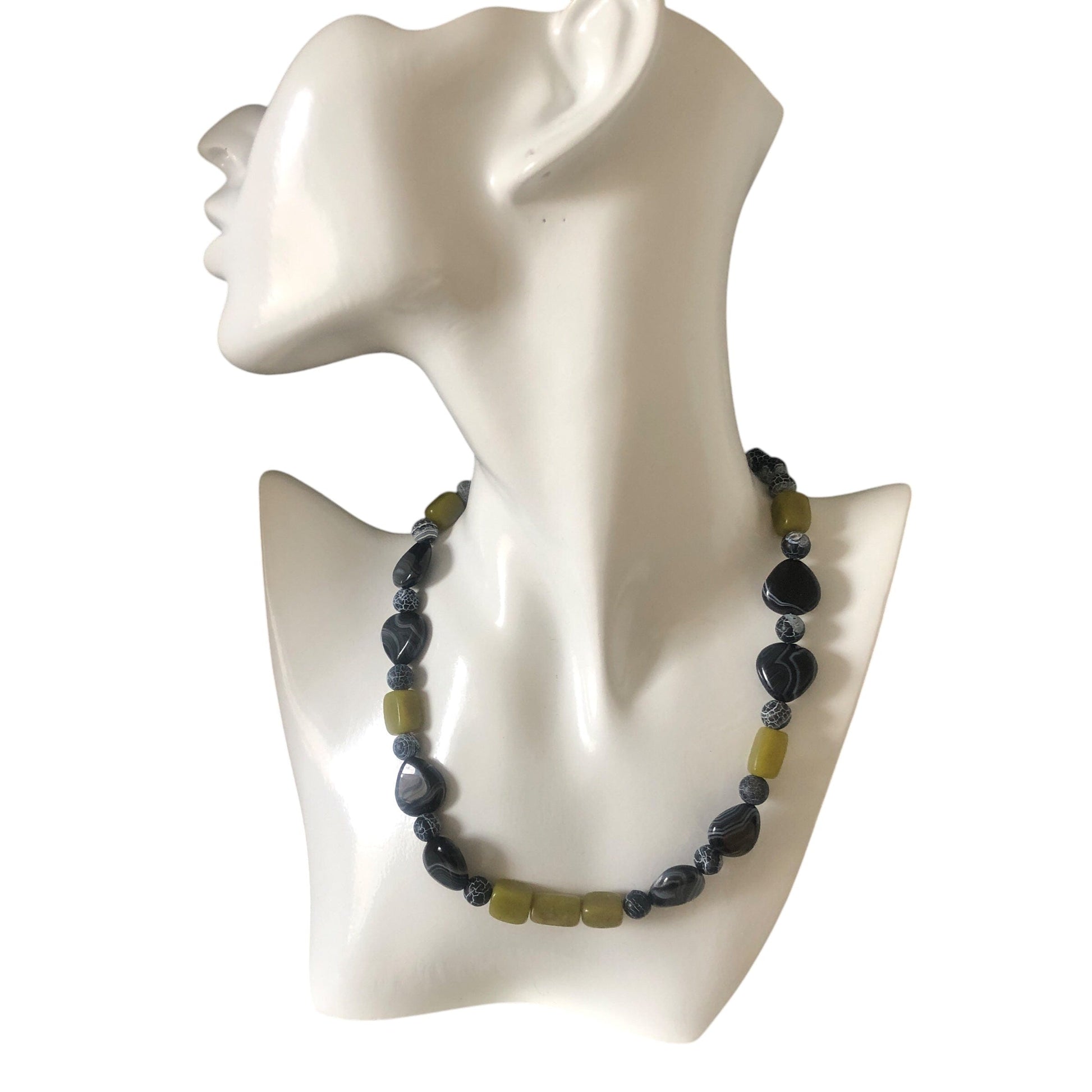 Olive Jade, Black Striped and Frost Cracked Agates Beaded Necklace Silver Chamber Jewellery Store