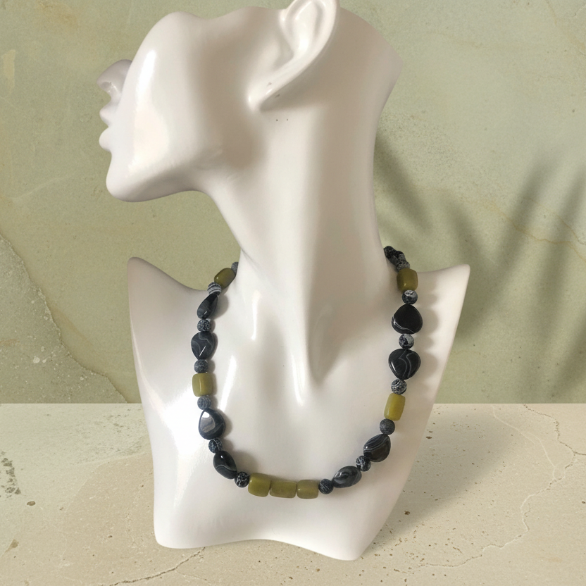 Olive Jade, Black Striped and Frost Cracked Agates Beaded Necklace - Silver Chamber Jewellery Store