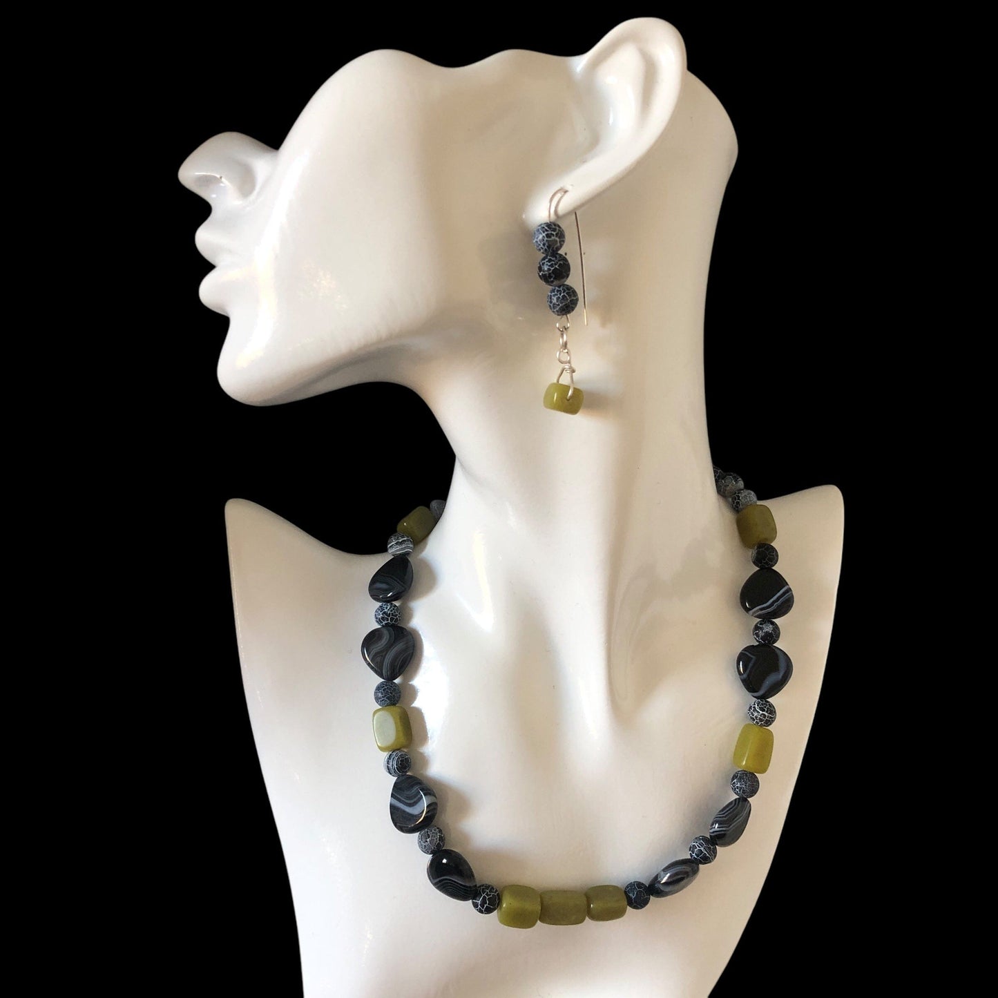 Olive Jade, Black Striped and Frost Cracked Agates Beaded Necklace Silver Chamber Jewellery Store