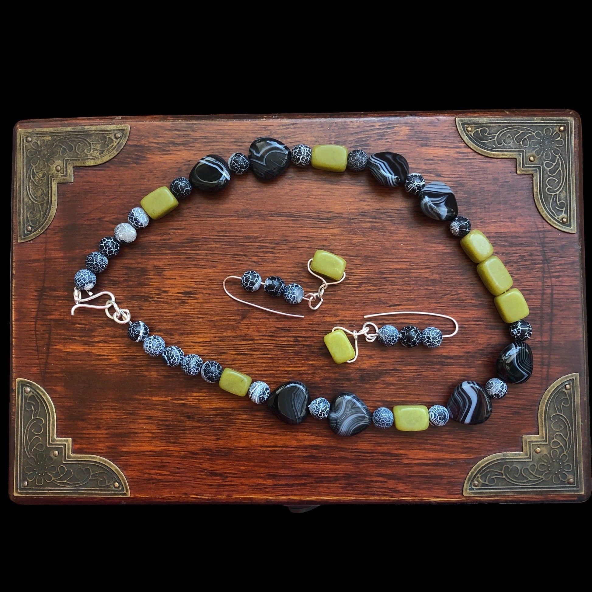 Olive Jade, Black Striped and Frost Cracked Agates Beaded Necklace Silver Chamber Jewellery Store