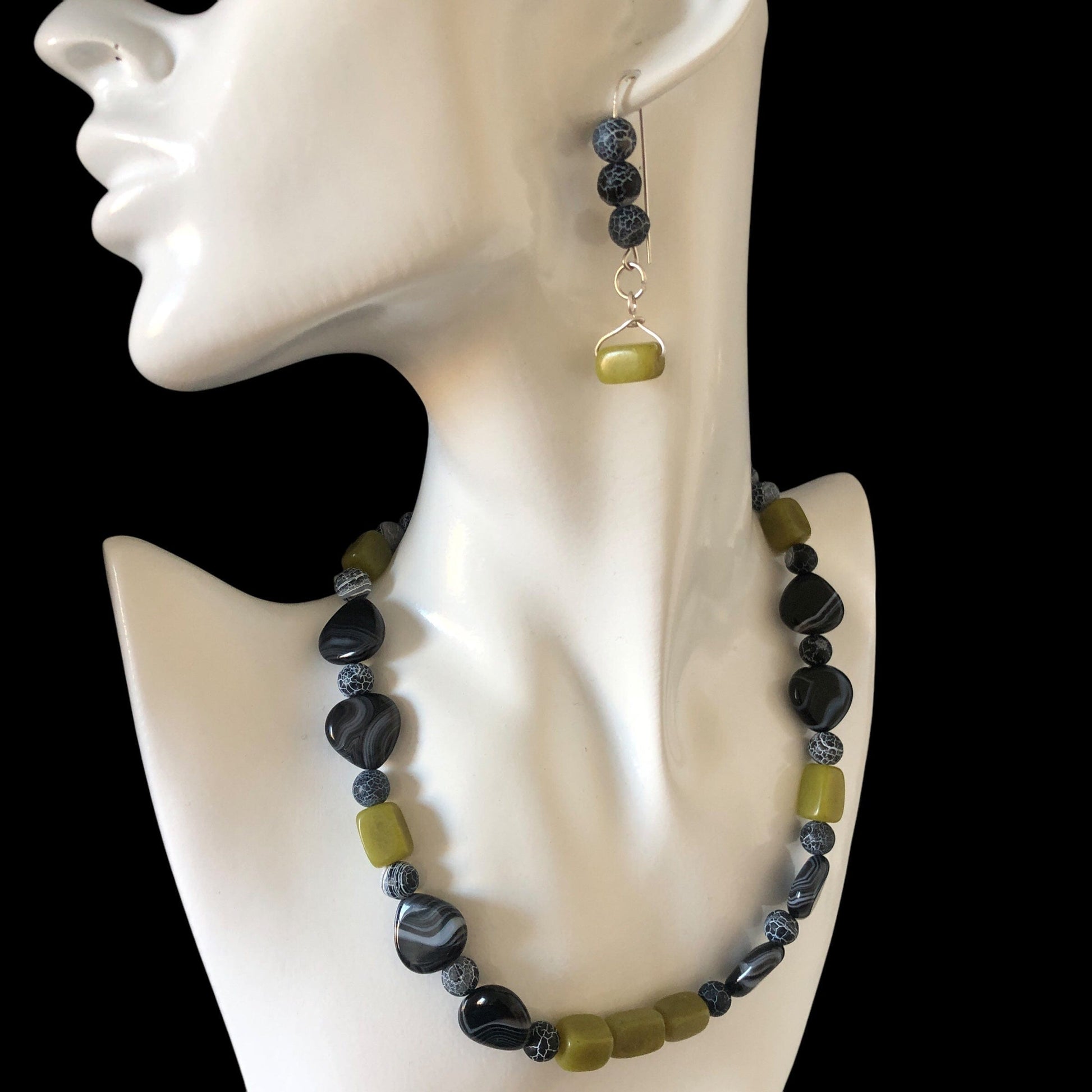 Olive Jade, Black Striped and Frost Cracked Agates Beaded Necklace Silver Chamber Jewellery Store