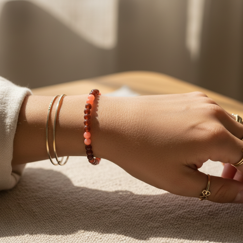 Orange jade and carnelian beaded bracelet