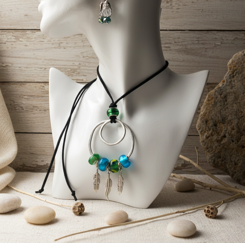 Pendant Necklaces with Blue and Green Glass Charms
