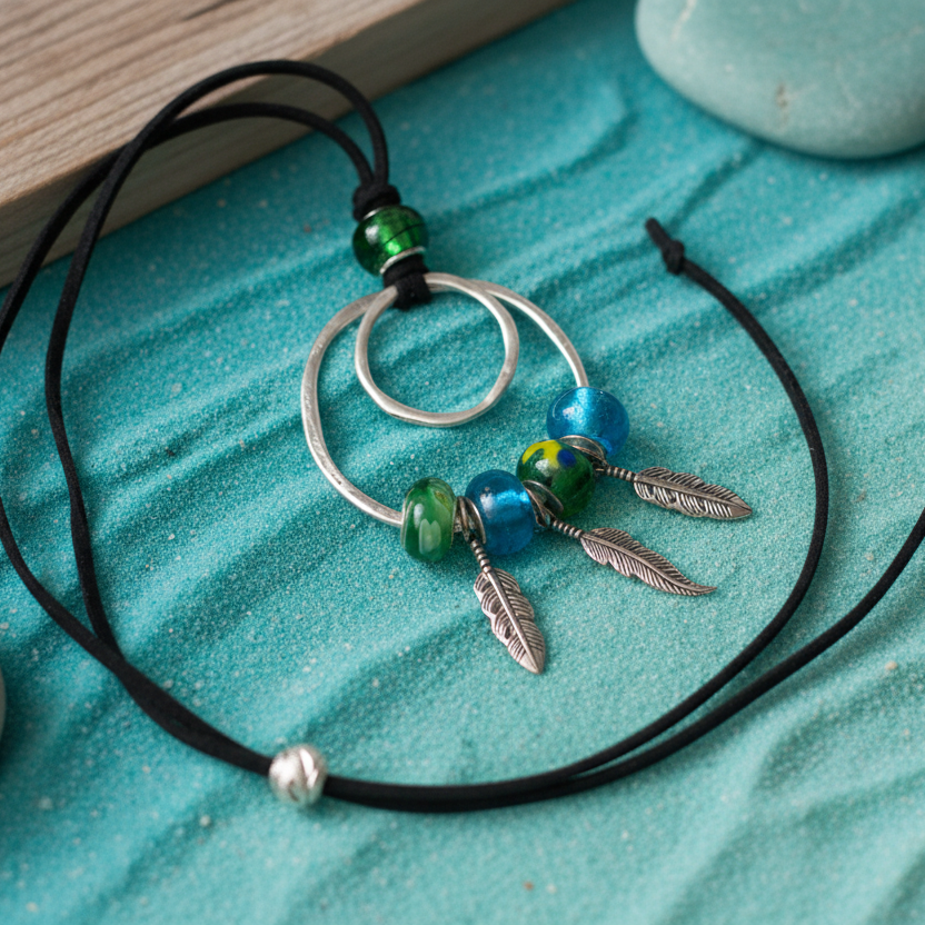 Pendant Necklaces with Blue and Green Glass Charms