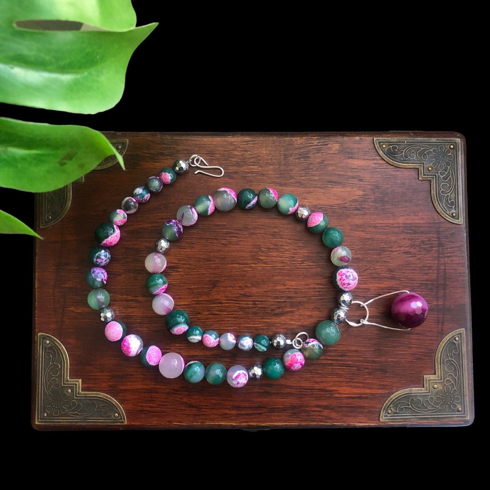 Pink and Green Agate & 925 Silver Beaded Necklace Silver Chamber Jewellery Store