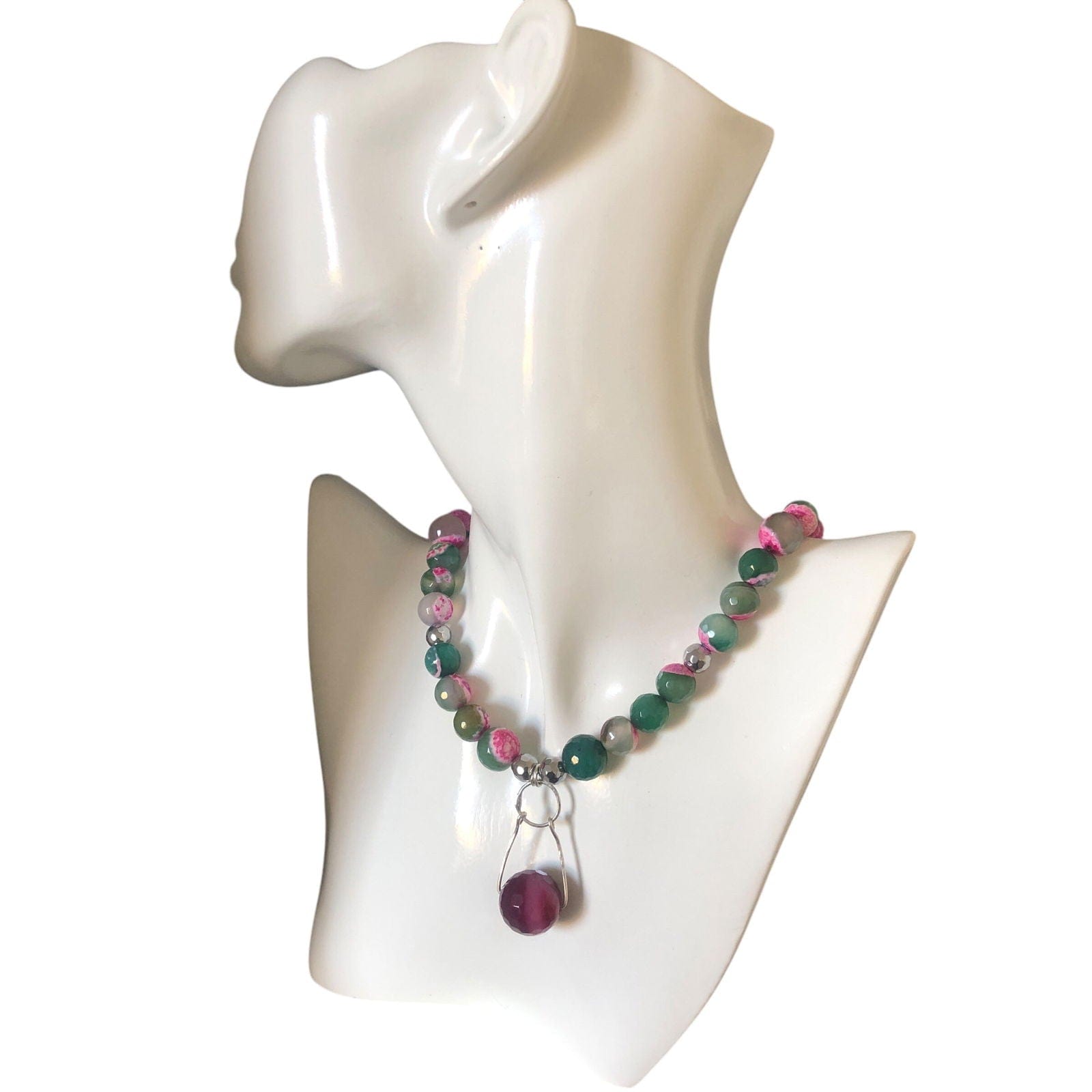 Pink and Green Agate & 925 Silver Beaded Necklace Silver Chamber Jewellery Store