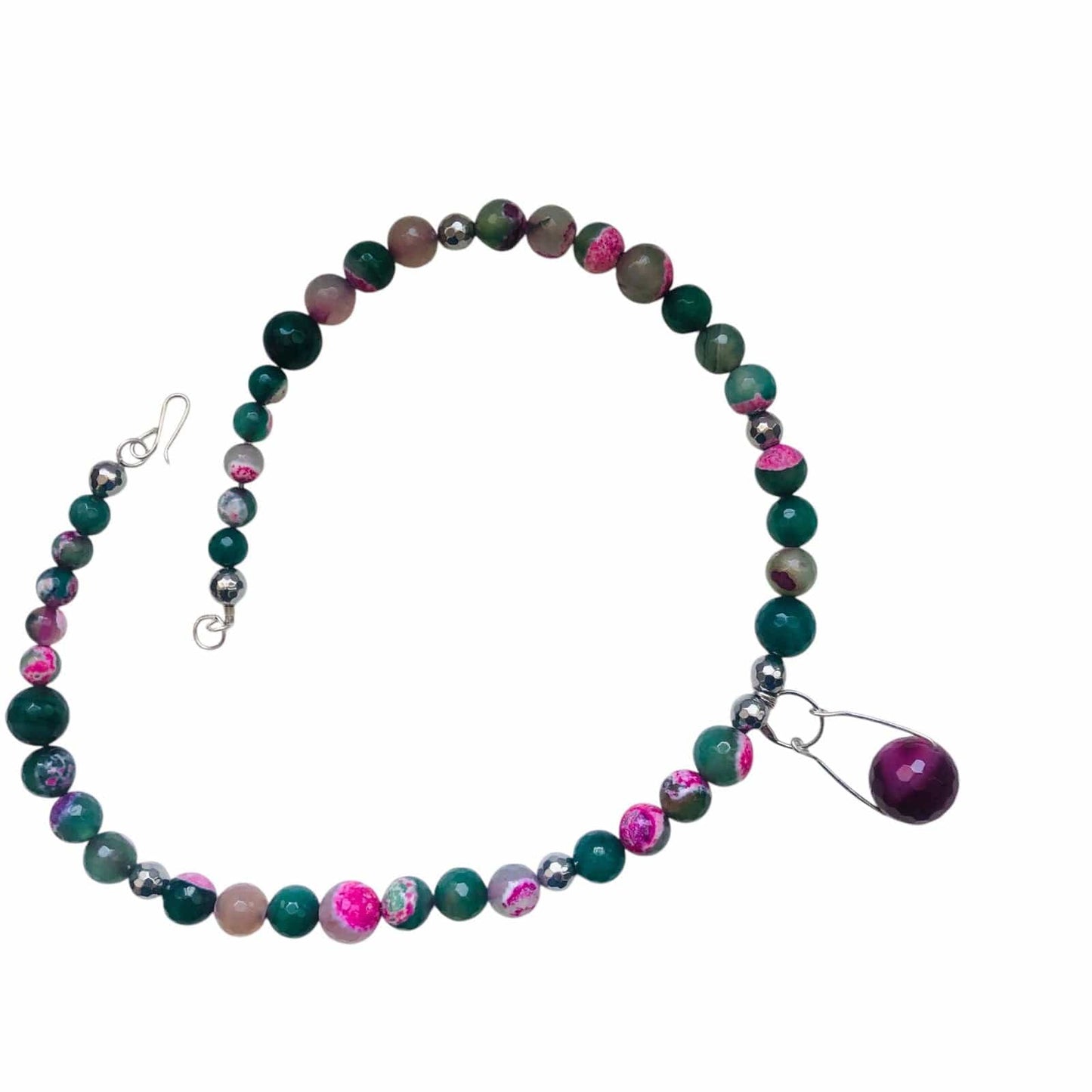 Pink and Green Agate & 925 Silver Beaded Necklace Silver Chamber Jewellery Store