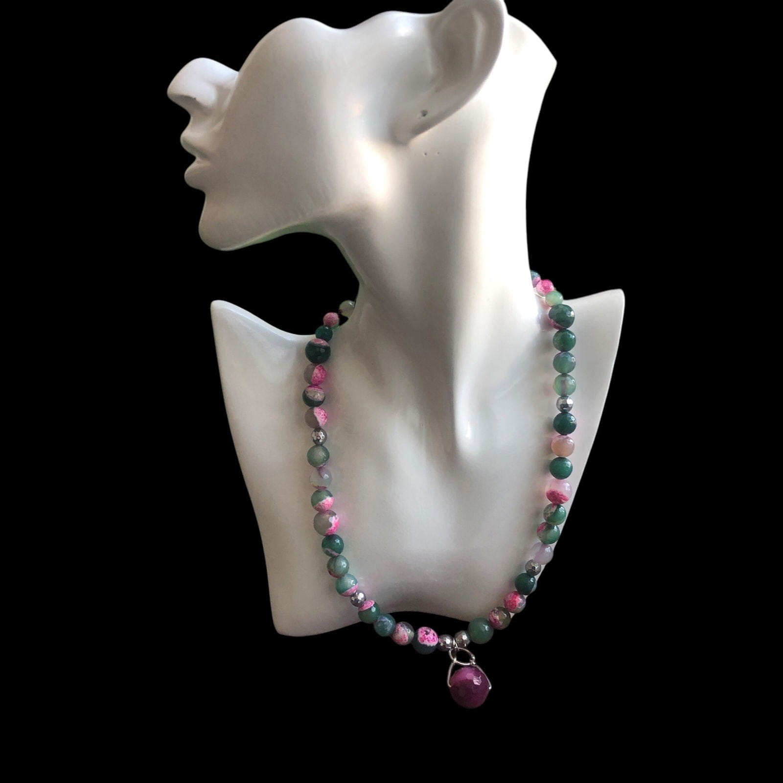 Pink and Green Agate & 925 Silver Beaded Necklace Silver Chamber Jewellery Store