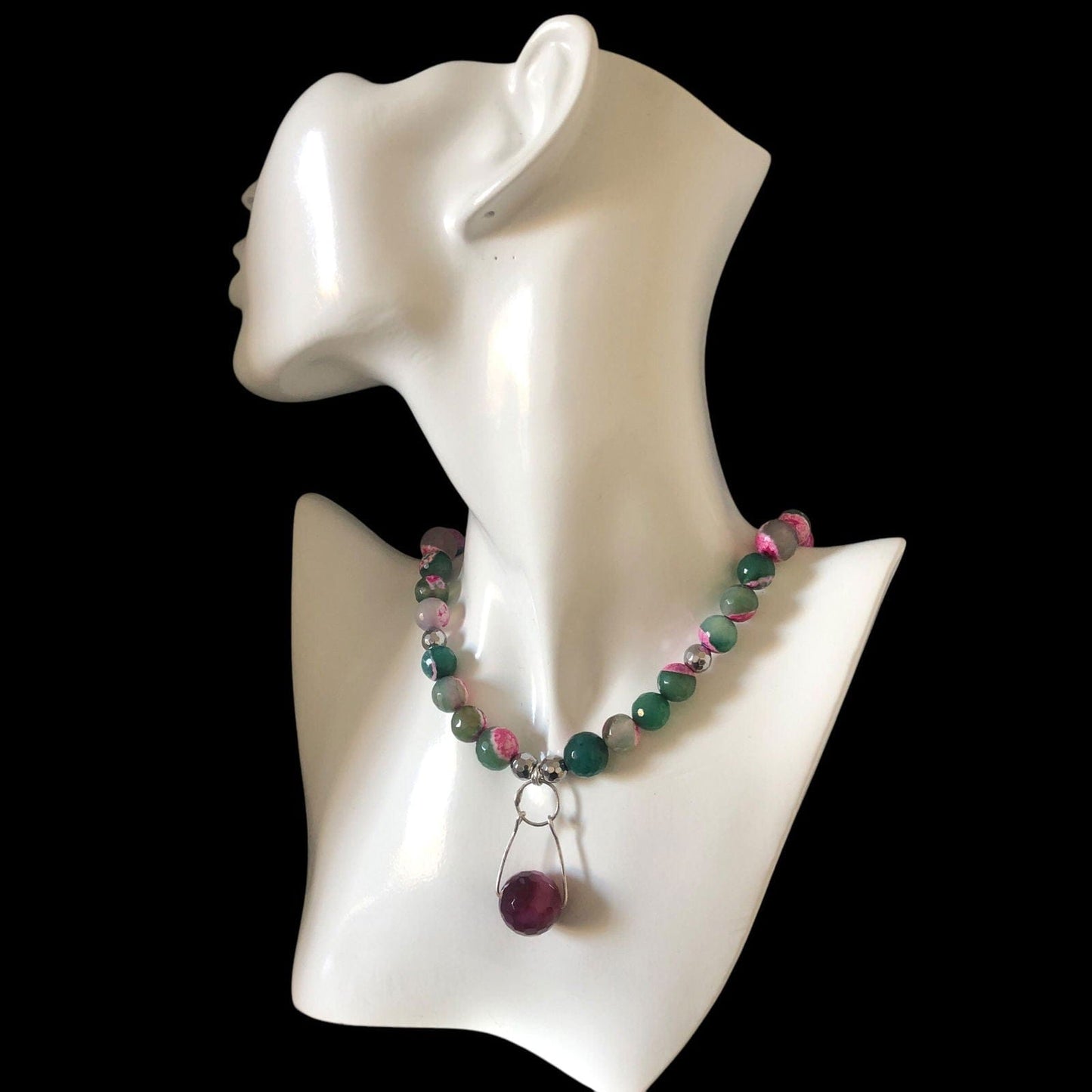 Pink and Green Agate & 925 Silver Beaded Necklace Silver Chamber Jewellery Store