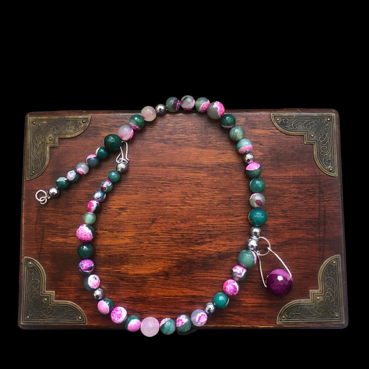 Pink and Green Agate & 925 Silver Beaded Necklace Silver Chamber Jewellery Store